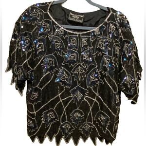 Vintage 100% Silk Beaded Top Women’s Size L Royal Feelings Audrey Jones Sequins